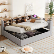 DESMIU Letto contenitore 140 × 200 cm 2 posti con LED, USB, Type-C e ripiani, senza materasso, velluto grigio chiaro