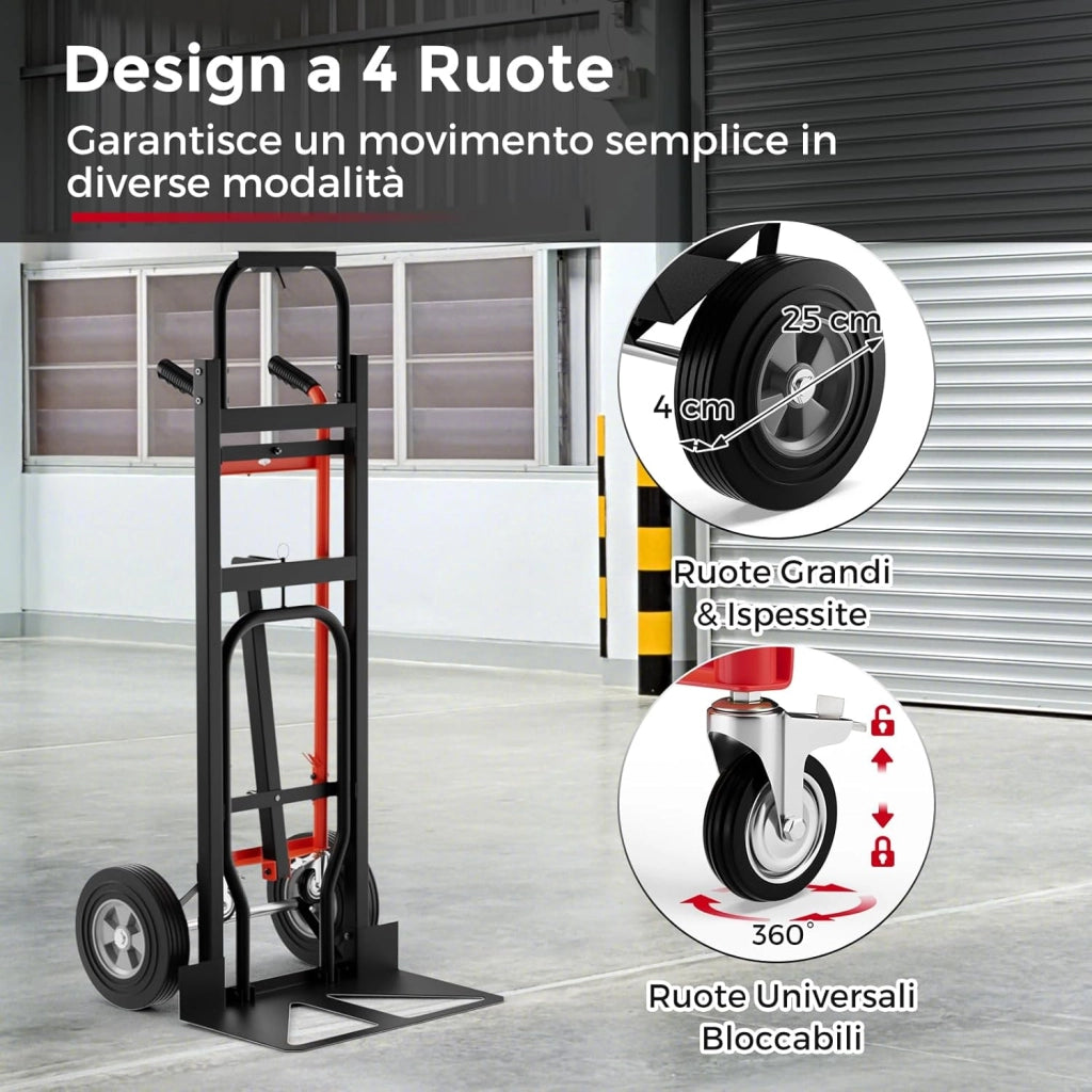 3 in 1 Carrello a Mano, Carrello Portapacchi con 4 Ruote in Gomma, Carrello Pieghevole per Trasporto e Spostamento in Magazzino, Casa, Portata Massima 450 kg (Rosso)