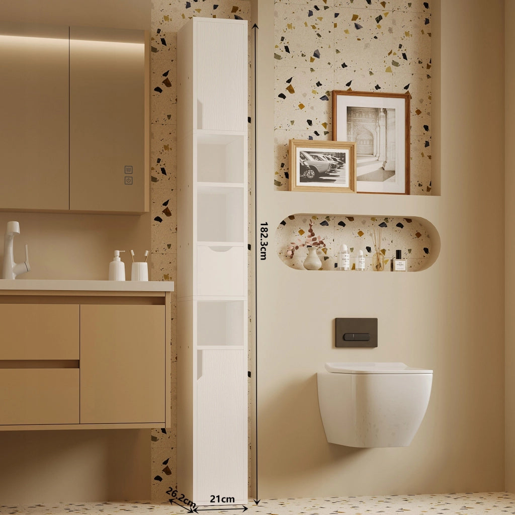 Scaffale da bagno a colonna stretta, bianco, da appoggio, 1 cassetto, pratico, in stile loft