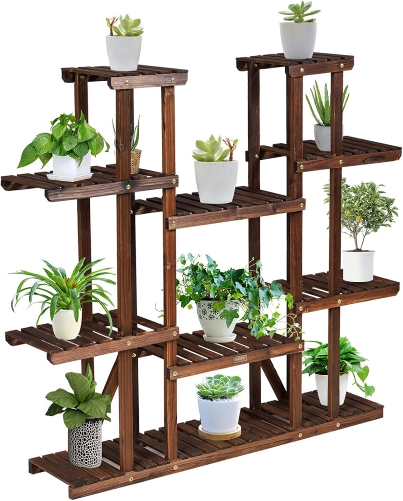 Scaffale Porta Piante a 9 Ripiani, Porta Piante da Interno ed Esterno a Scala in Legno, Porta Vasi da Balcone, Giardino e Salotto, 125 x 25 x 114 cm