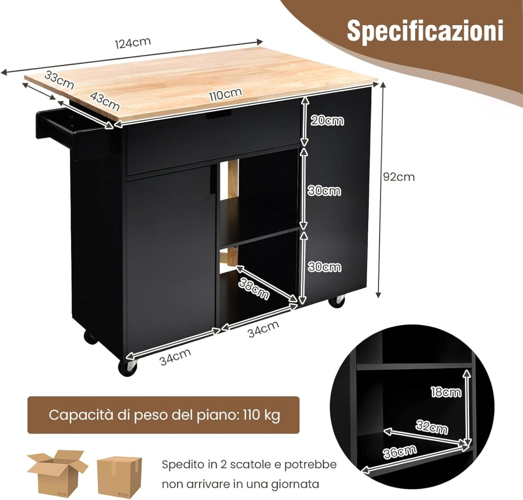 COSTWAY Carrello da Cucina con Cassetto, Carrello Servizio con Ripiano Aperto e Pieghevole, Carrello Multiuso con Ruote e Portasciugamani, 124x76x92 cm (Nero)