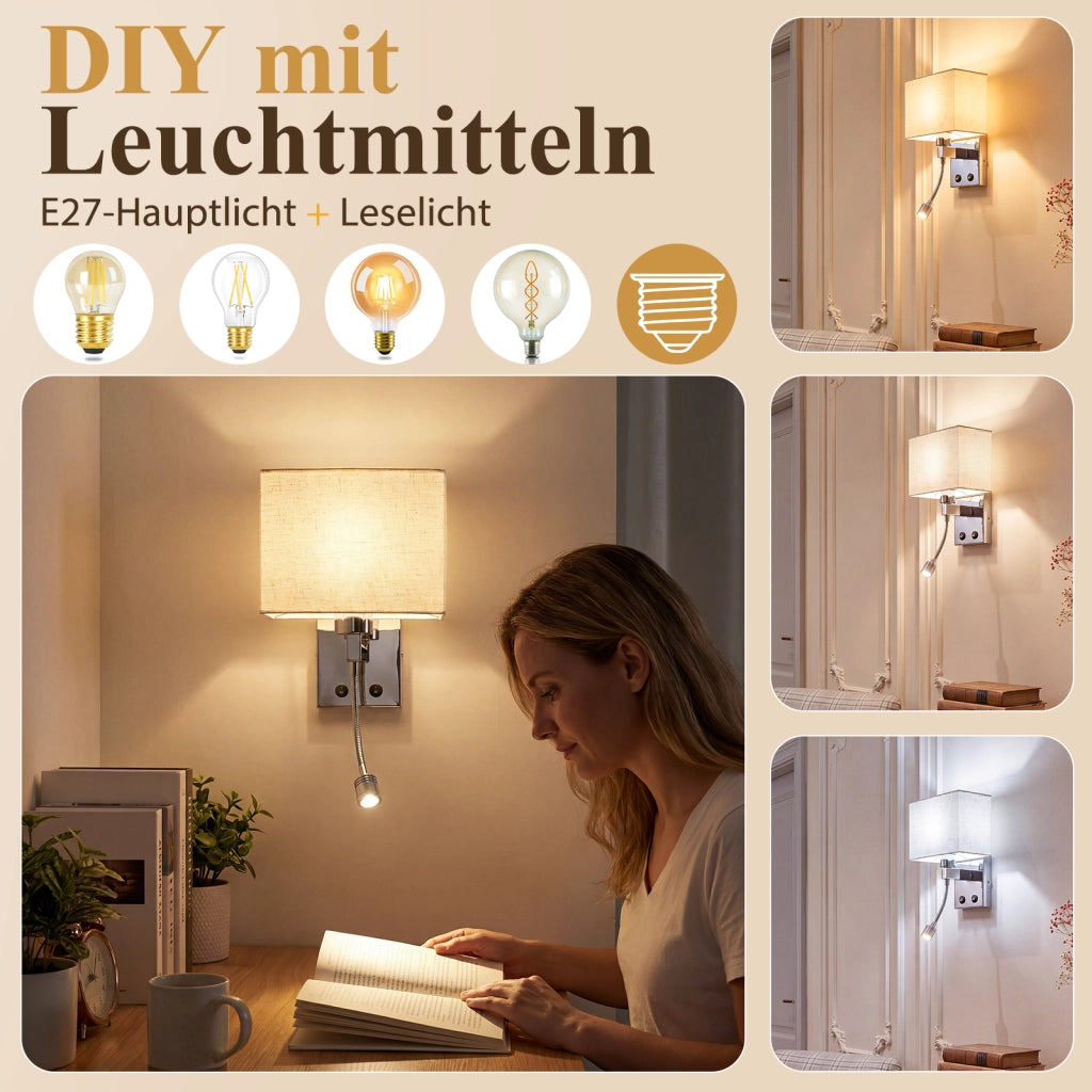 ZMH Lampada da Parete LED con Porta USB e Lettura 2W Paralume Tessuto E27 Interruttore per Camera Hotel Senza Lampadina