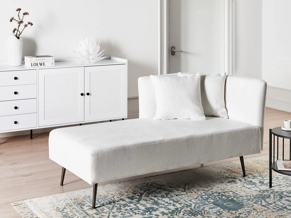 Chaise Lounge Bianco Destra in tessuto poliestere con cuscini decorativi Gambe in metallo Soggiorno di design moderno