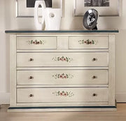 Cassettiera 5 cassetti legno shabby bianco anticato decori filo blu 120x50x85 - Mobili 2G