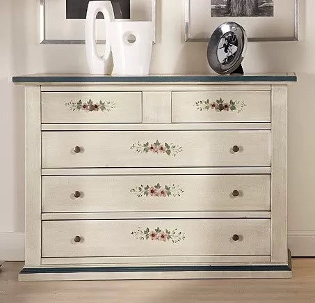 Cassettiera 5 cassetti legno shabby bianco anticato decori filo blu 120x50x85 - Mobili 2G