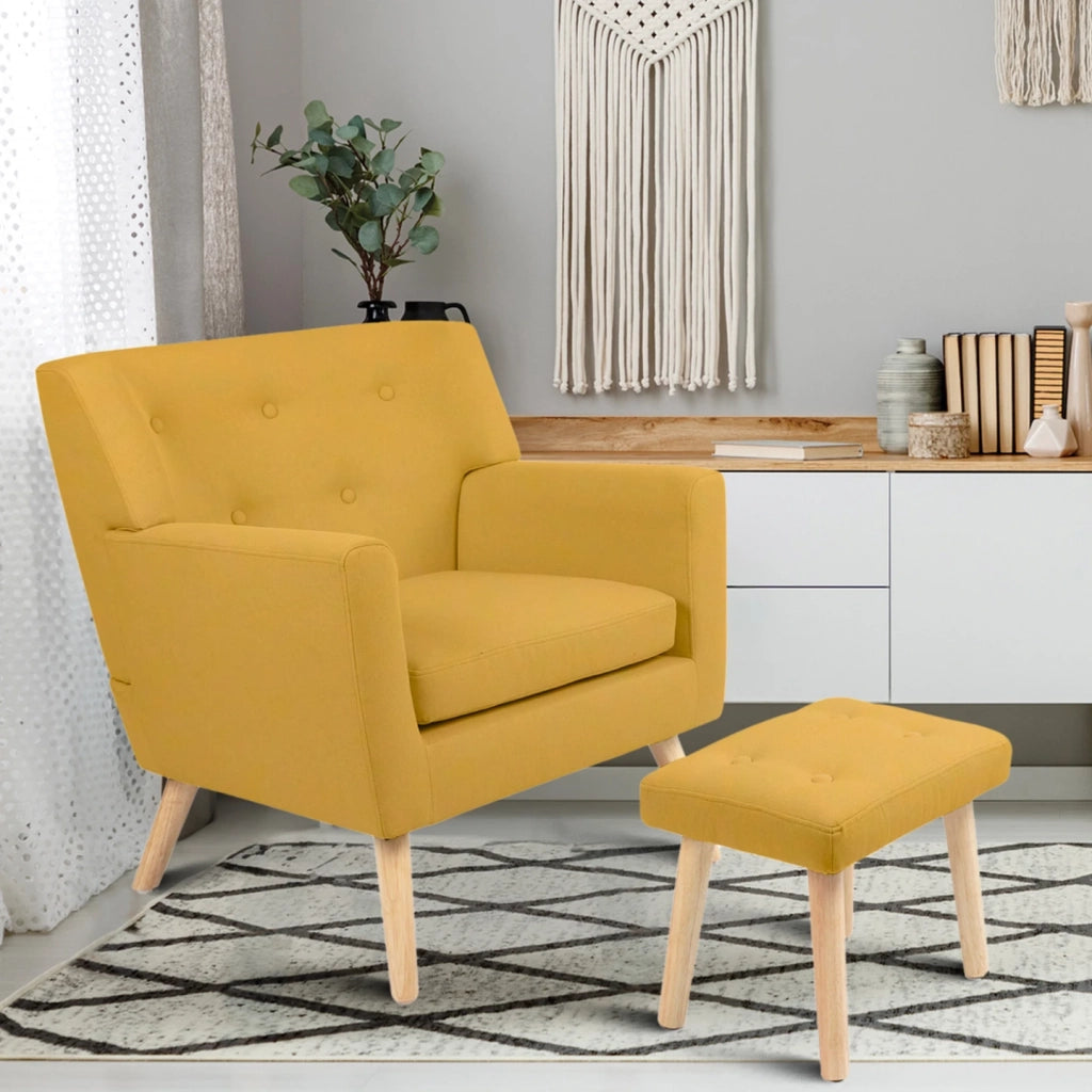 IDMarket - Sillón escandinavo LIV con reposapiés de tela amarilla