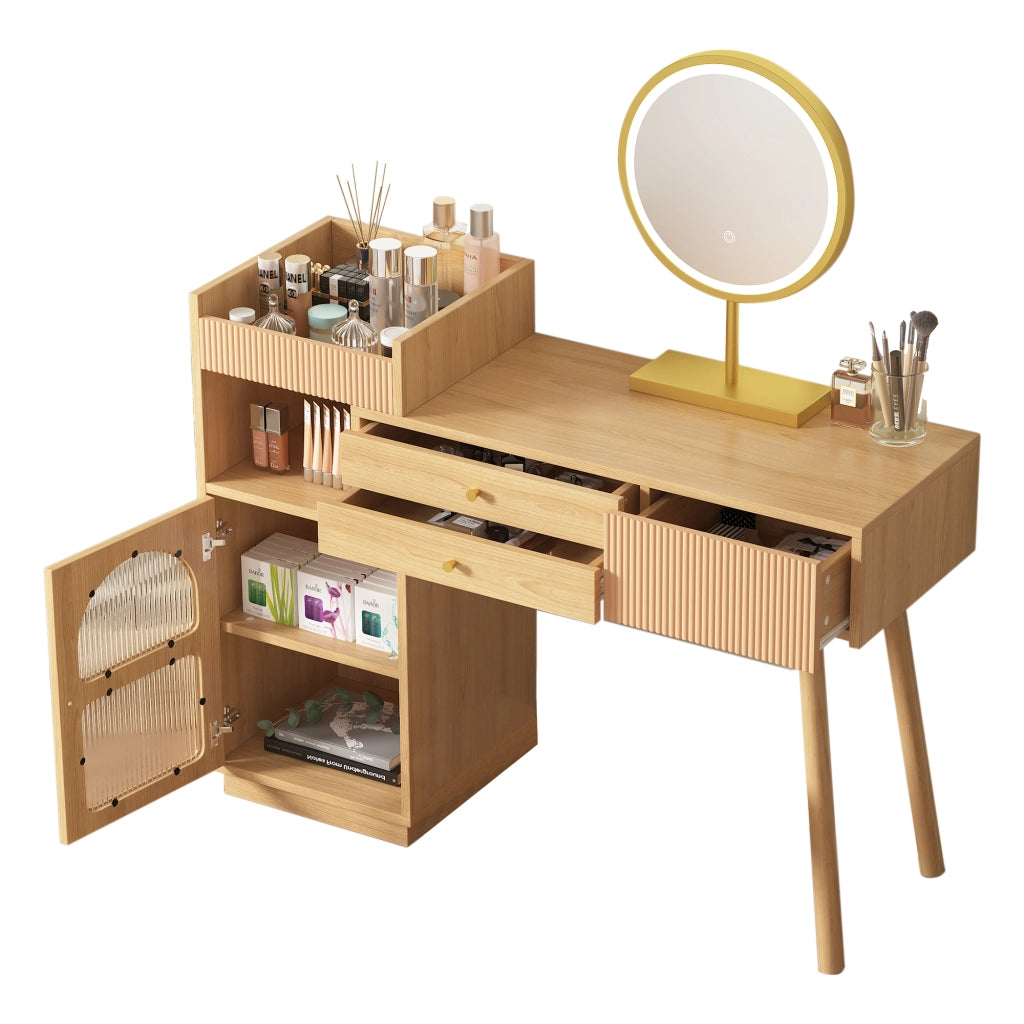 Set toeletta con specchio LED a 3 colori, 3 cassetti e mobile laterale, colore naturale