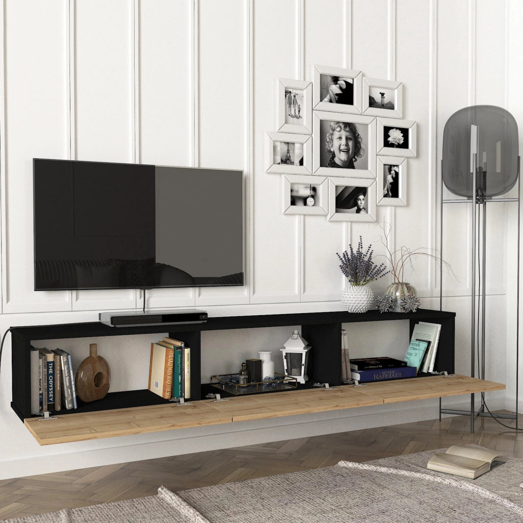 Mobile TV da Parete Vihti con 3 Ante a Ribalta Armadietto Pensile - Nero / Effetto Rovere [en.casa]
