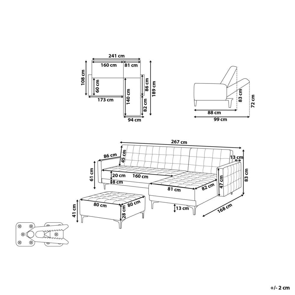 Divano letto angolare in tessuto bianco sporco versione destra con pouf moderno a L componibile