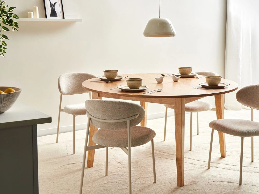 Tavolo da pranzo marrone chiaro MDF impiallacciato rovere Base in legno di gomma 140 cm Piano del tavolo rotondo Moderno