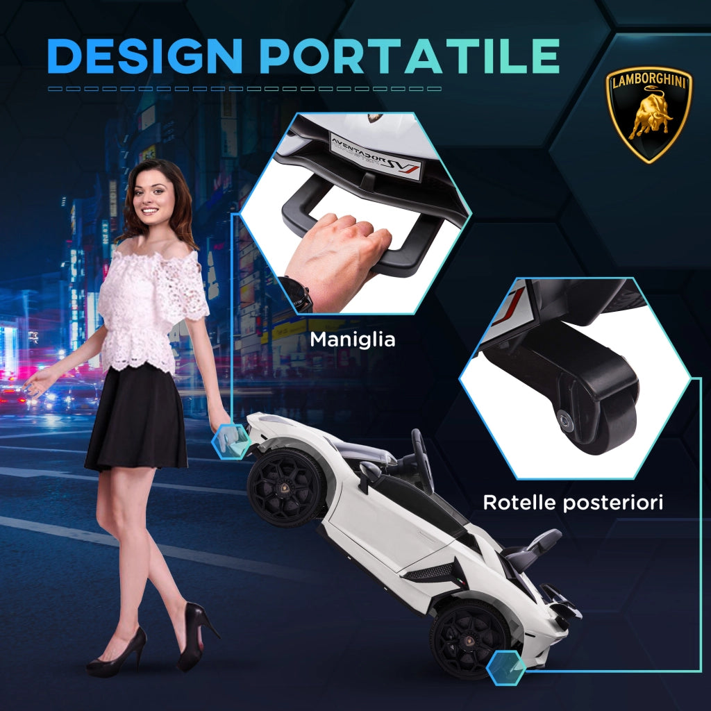 Macchina Elettrica per Bambini a 12V Licenza Lamborghini con Clacson e Telecomando, 107.5x63x42 cm, Bianca
