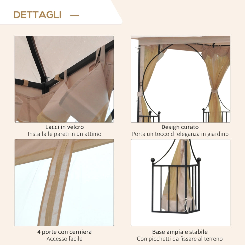 Gazebo per Esterno 3x3m, Gazebo Personalizzato con Pareti Laterali e Doppio Tettuccio in Poliestere, Beige