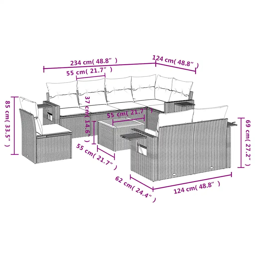 Set Divani da Giardino 9 pz con Cuscini Nero in Polyrattan 3224657