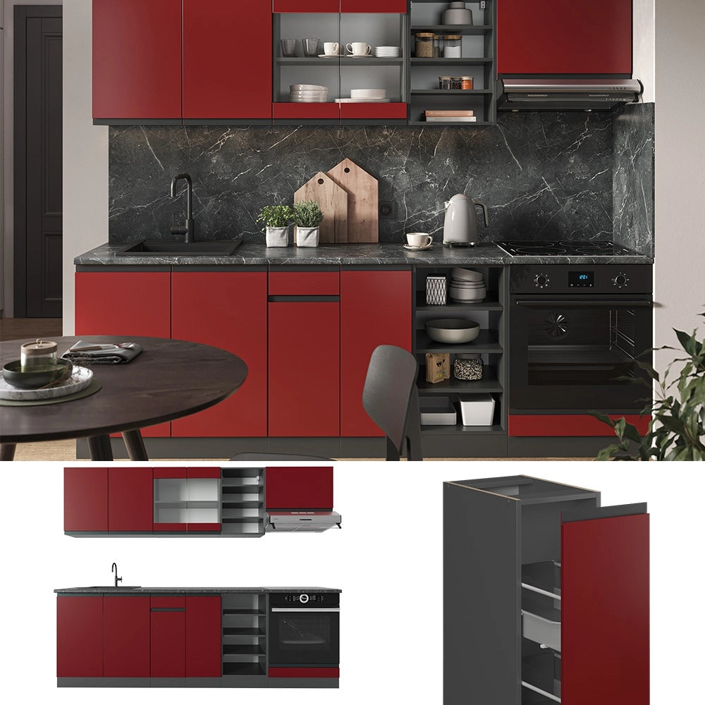 Cucina componibile R-Line Rosso/Antracite 240 cm J-Shape, PL Antracite Vicco