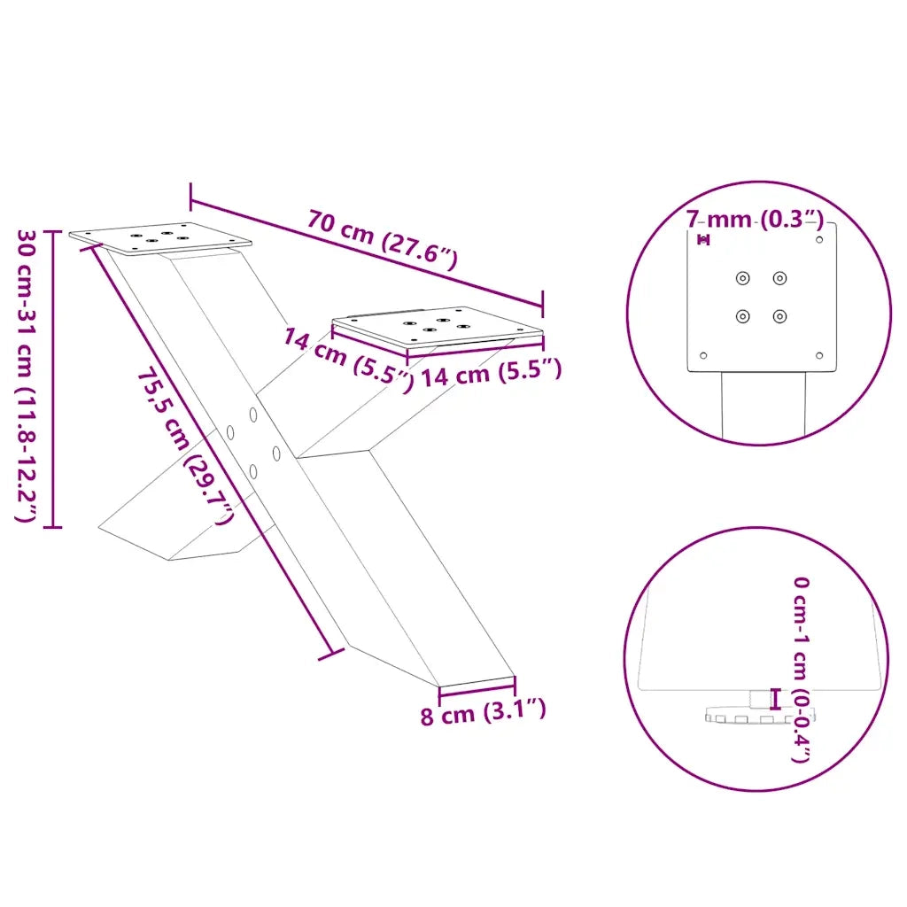 vidaXL Gambe per Tavolino da Caffè a Forma di X 2 pz Nere 70x(30-31) cm Acciaio