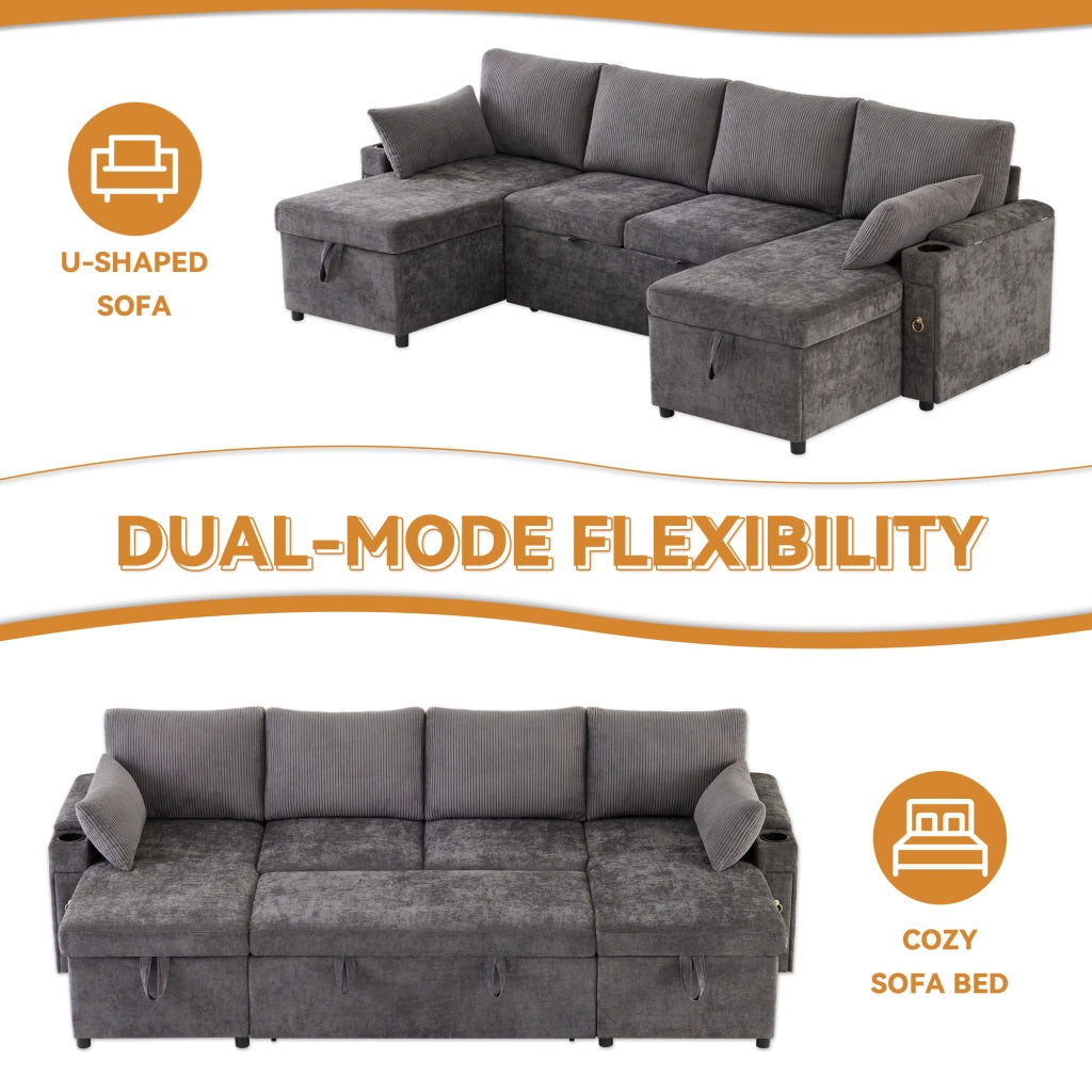 Divano a U convertibile con contenitore e portabicchieri, in ciniglia e velluto a coste grigio 272 × 131 × 84 cm