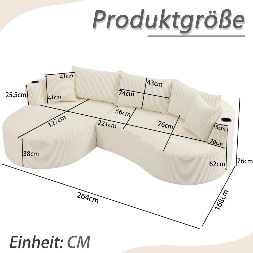 Divano 3 Posti con Chaise Longue Sinistra e Cuscini ¨C Xylo ¨C Beige, Tessuto a Coste, con Portabicchieri