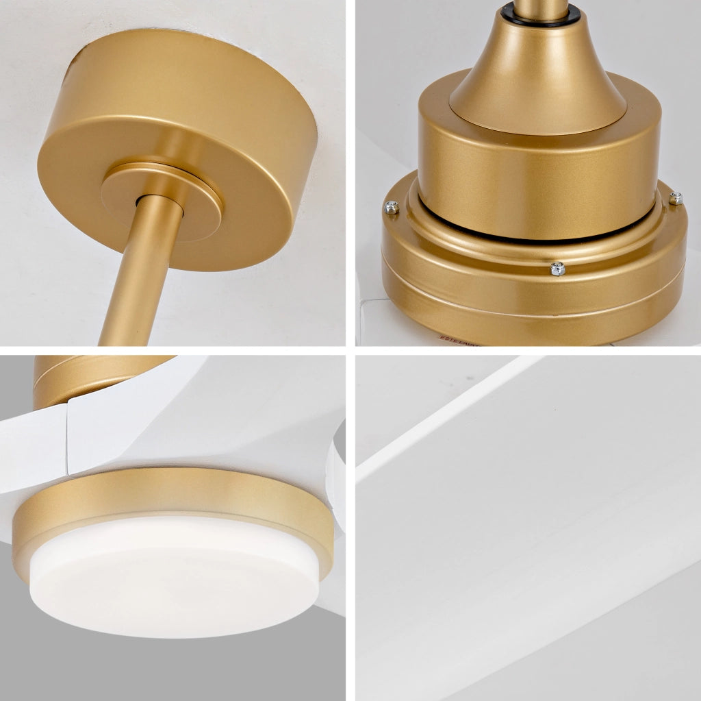 Desviae Ventilatore da soffitto con luce da 52 pollici in metallo e legno bianco e oro con telecomando e motore DC reversibile