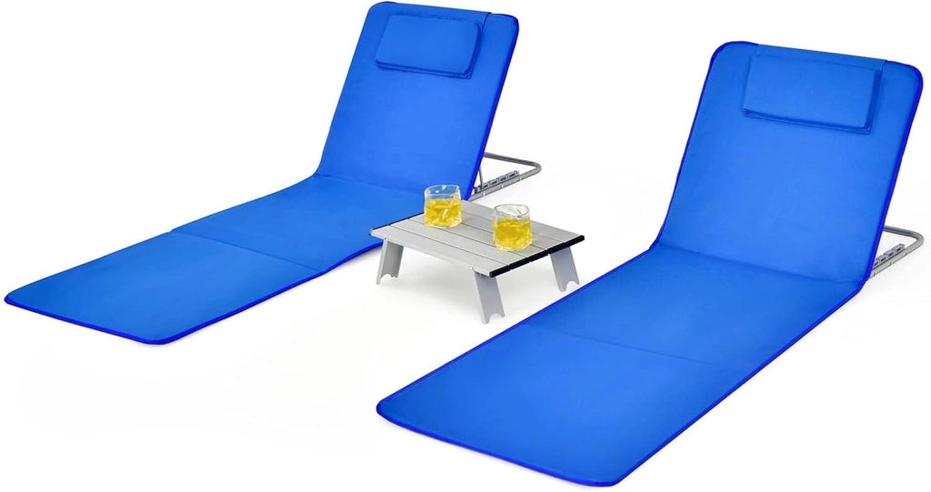 Set 2 Sdraio da Spiaggia con Tavolino, Tappettino Spiaggia Pieghevole con Schienale Reclinabile, Poggiatesta e Tasca Posteriore, Portatile con Manico, per Giardino e Campeggio (Blu)