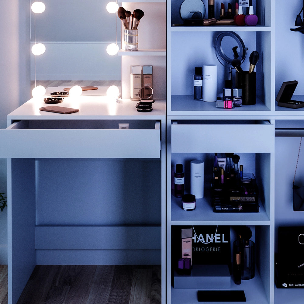 Vicco Tavolo da toeletta Bianco 140 cm con illuminazione LED e armadi