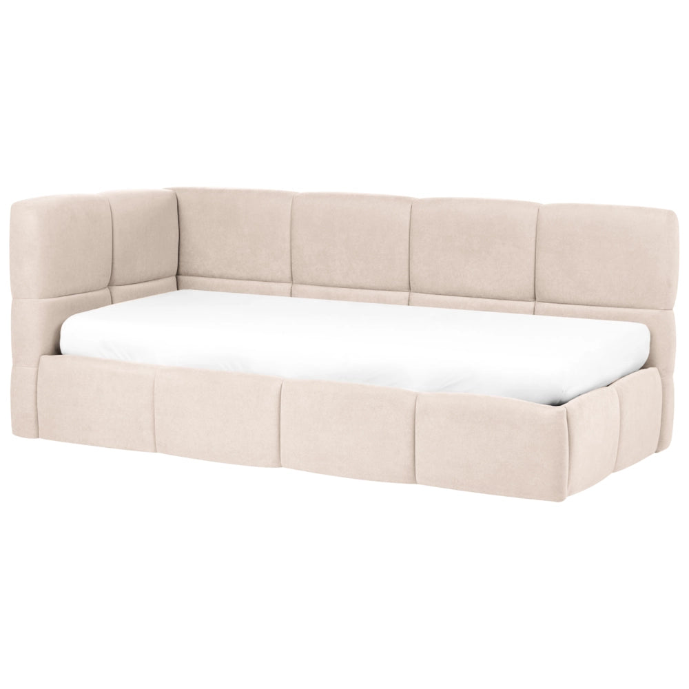 Divano letto imbottita in tessuto beige chiaro lato sinistro 90x200 cm con pouf contenitore a forma di L