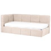 Divano letto imbottita in tessuto beige chiaro lato sinistro 90x200 cm con pouf contenitore a forma di L