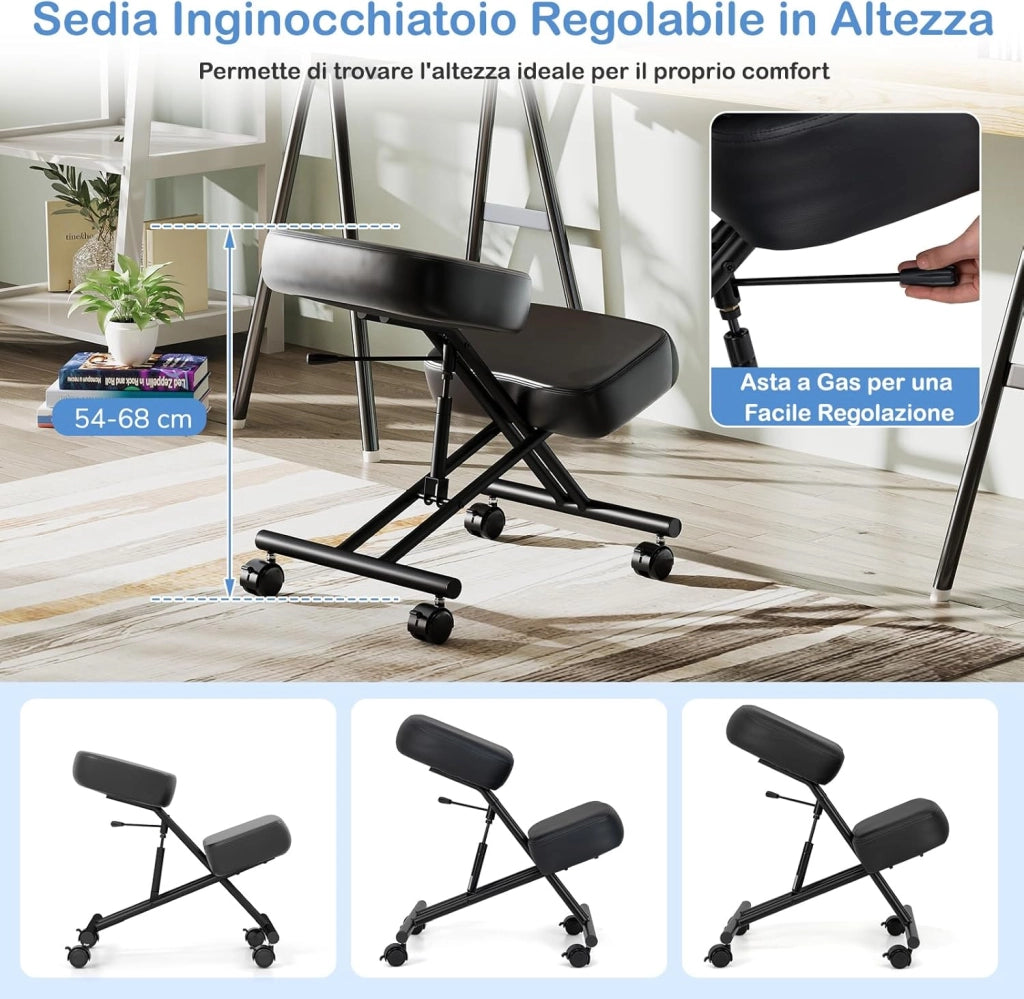 Sedia Ergonomica per Correzione Posturale, 4 Ruote Bloccabili e Supporto per Ginocchia, Sedia da Lavoro con Seduta Regolabile, Carico Fino a 100 kg (Non Schienale)