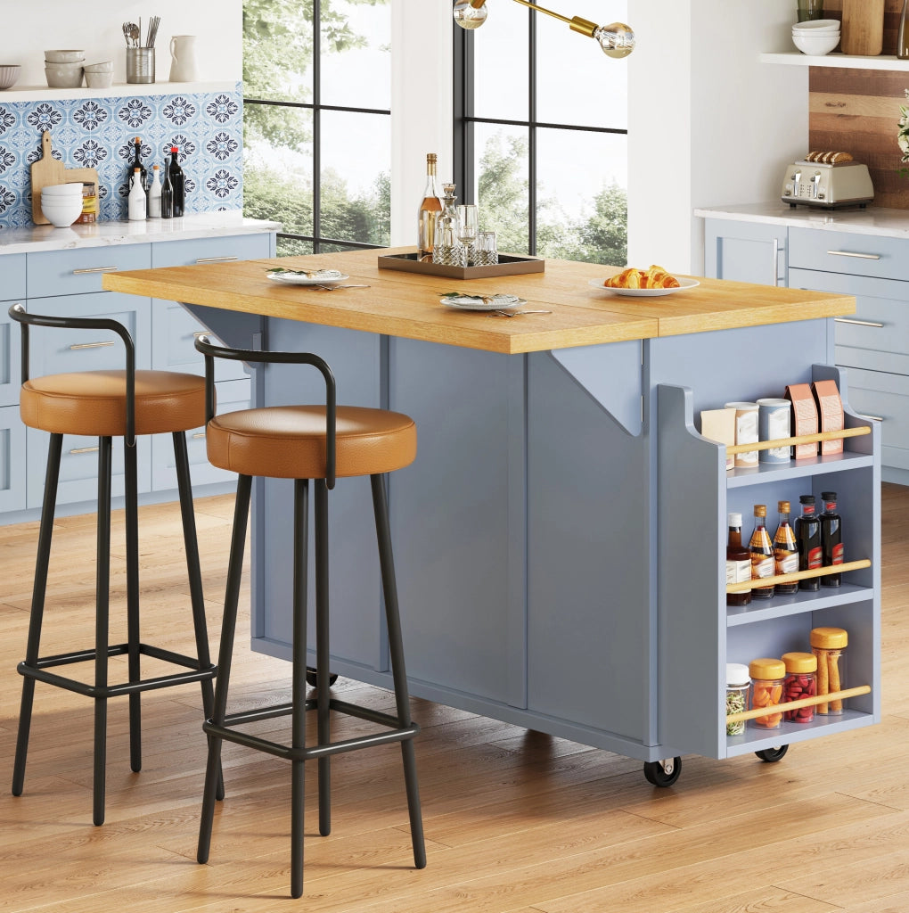 Carrello da cucina blu con piano pieghevole e portabottiglie