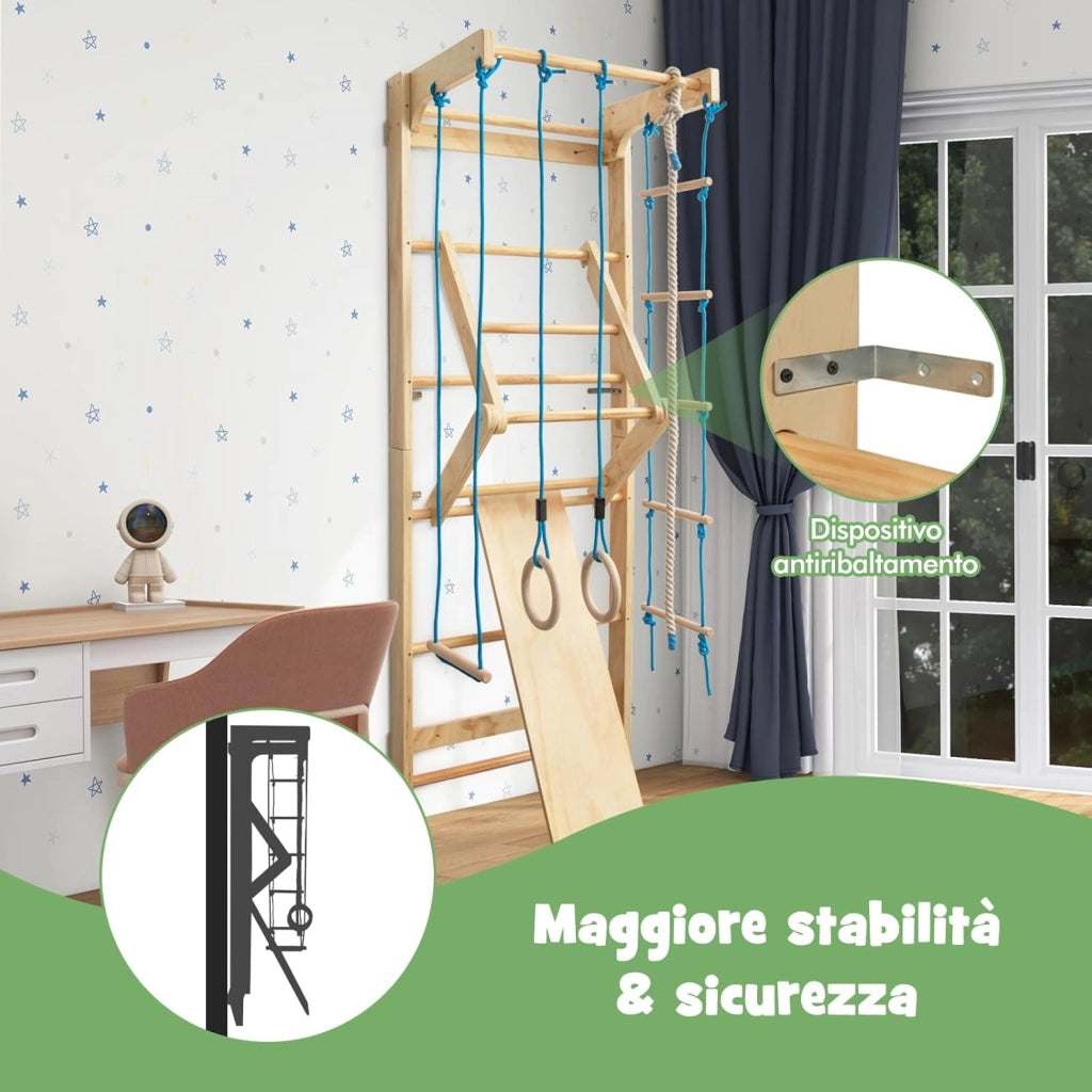 Spalliera Svedese Adulti e Bambini, Scala Svedese in Legno a 10 Gradini con Vari Accessori, Spalliera Palestra e Casa Multifunzionale, Carico Massimo 100 kg, 220 x 80 x 60 cm