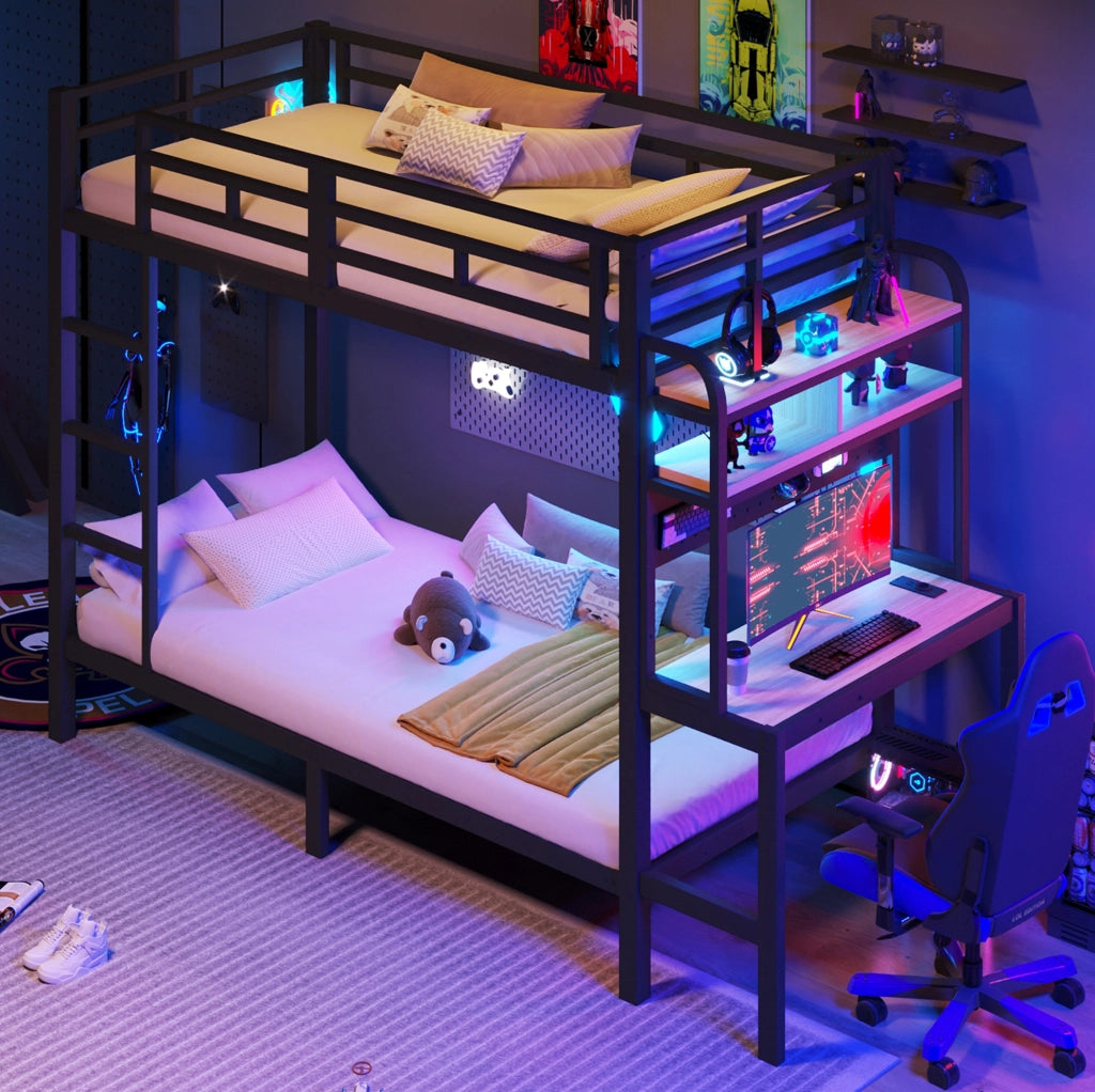 Letto a castello 90x200 cm con scrivania, ripiani, LED e USB
