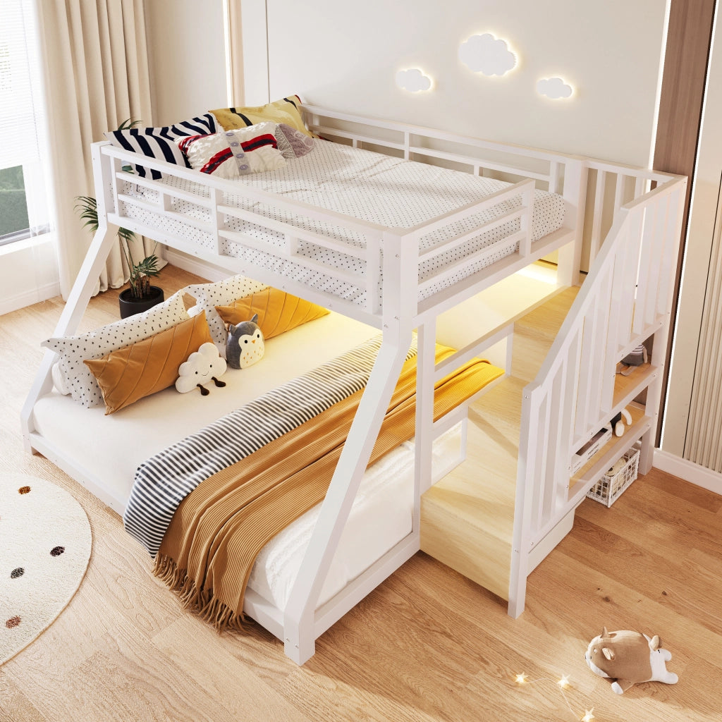 Letto a castello 90 × 200 cm et 140 × 200 cm con 3 scomparti, scale contenitore et LED, senza materasso, in metallo, bianco