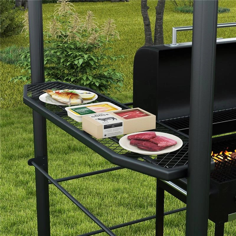GAZEBO PER BARBECUE CON TETTO E 2 RIPIANI PORTAOGGETTI, IN METALLO E PC, 240X150X230CM, GRIGIO SCURO