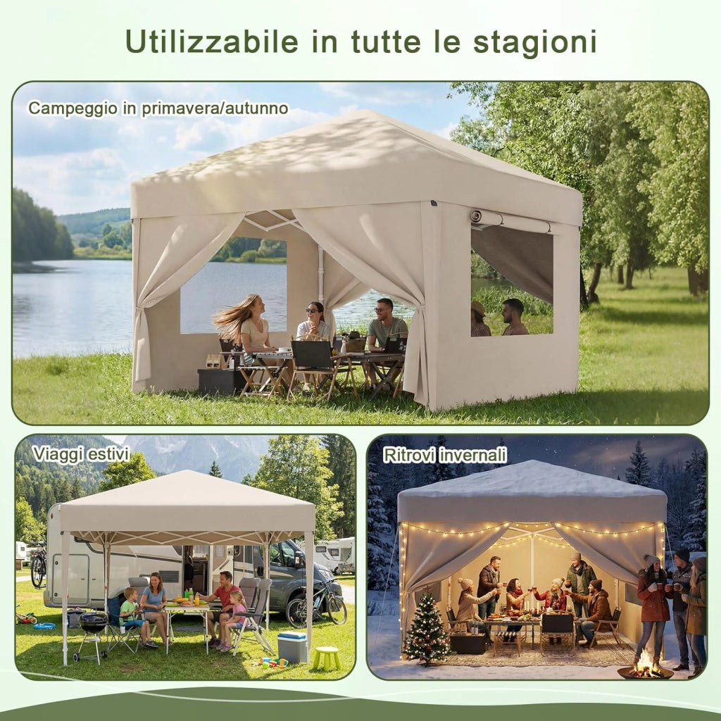 Gazebo Pieghevole con Finestra a Rete Aerata, Gazebo 3x3 Impermeabile Stabile Invernale, Gazebo Pop Up con Pareti Laterali, Protezione UV 50+, Tenda da Festa per Giardini, Campeggio (Beige)