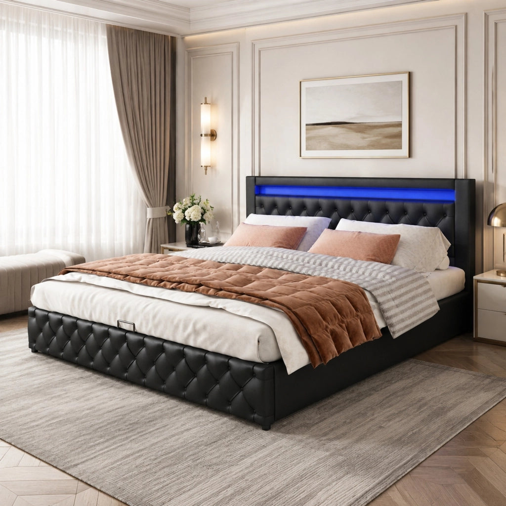 Letto imbottito 160x200 cm con rete a doghe, contenitore e LED, nero, PU