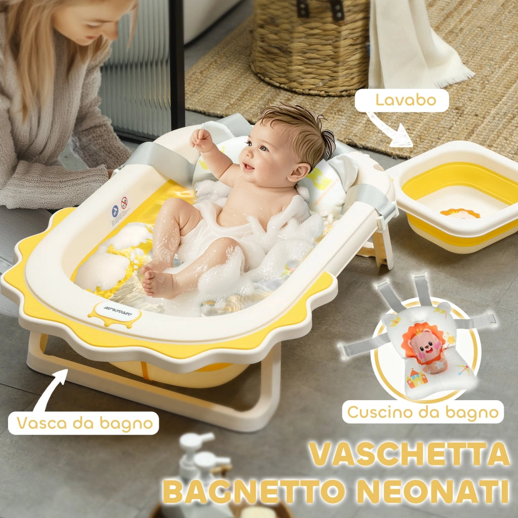 Vaschetta Bagnetto per Neonati Pieghevole 80,5x55x20 cm con Cuscino e Bacinella Lavabo Giallo