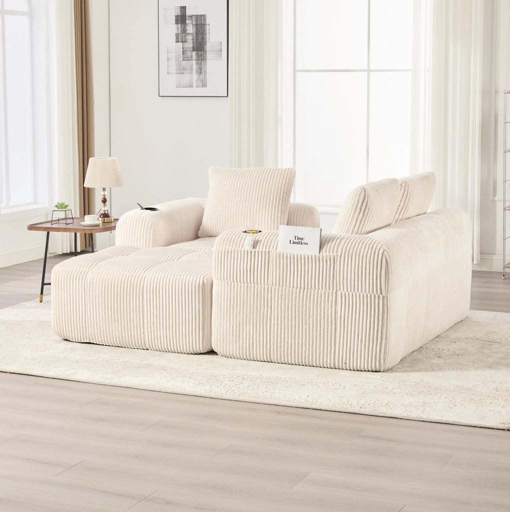 Sofa modulare 253x158x61 cm con sistema DIY; tasche laterali e portabevande in cord beige