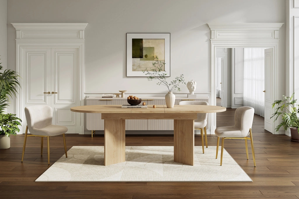 Tavolo da pranzo allungabile 4-8 persone, piano 18 mm, angoli arrotondati, colore rovere