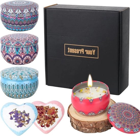 Set di candele per dono per donne - palline da bagno portatili manuali da 2 pezzi - 4 candele aromaterapiche - olio di jojoba in contenitori - doni per donne - Natale compleanno San Valentino.