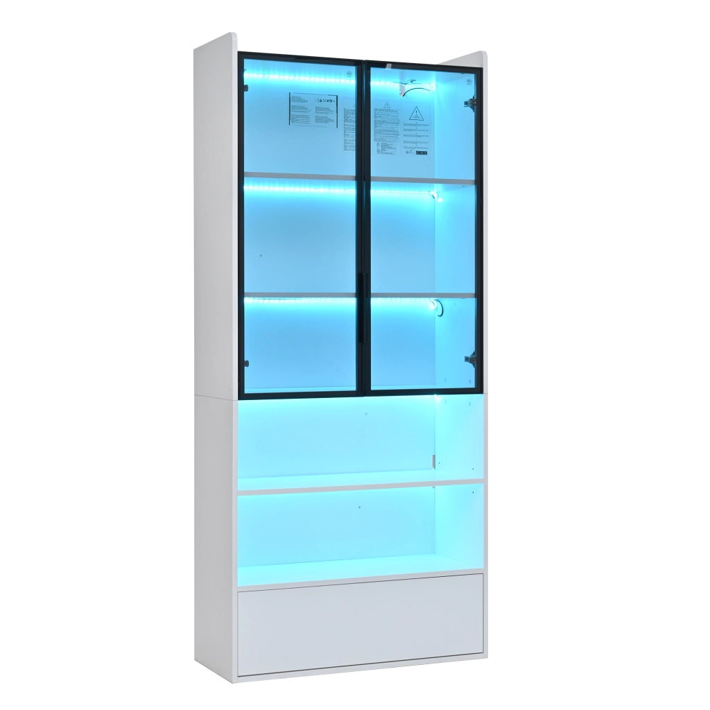 Vetrina alta con led e 1 cassetto con 6 vani e ante in vetro per soggiorno in mdf e vetro bianco 80 × 34 × 180 cm