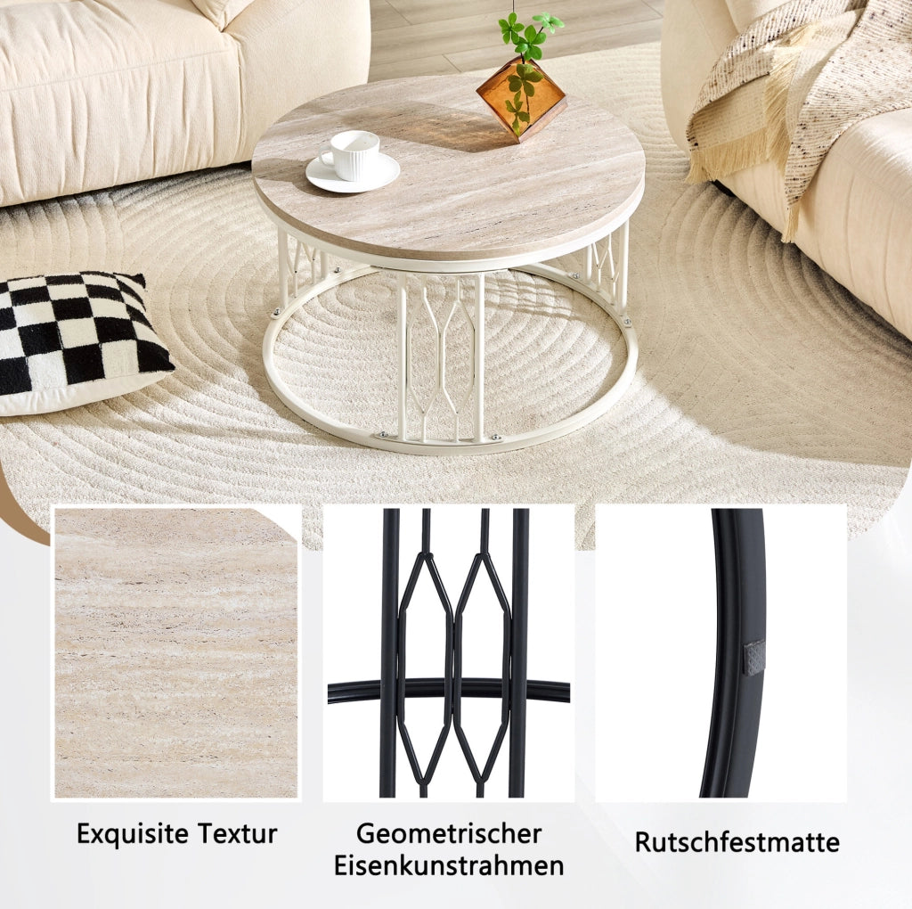 Tavolino rotondo da caffè ?70 cm in MDF effetto legno e acciaio; bianco