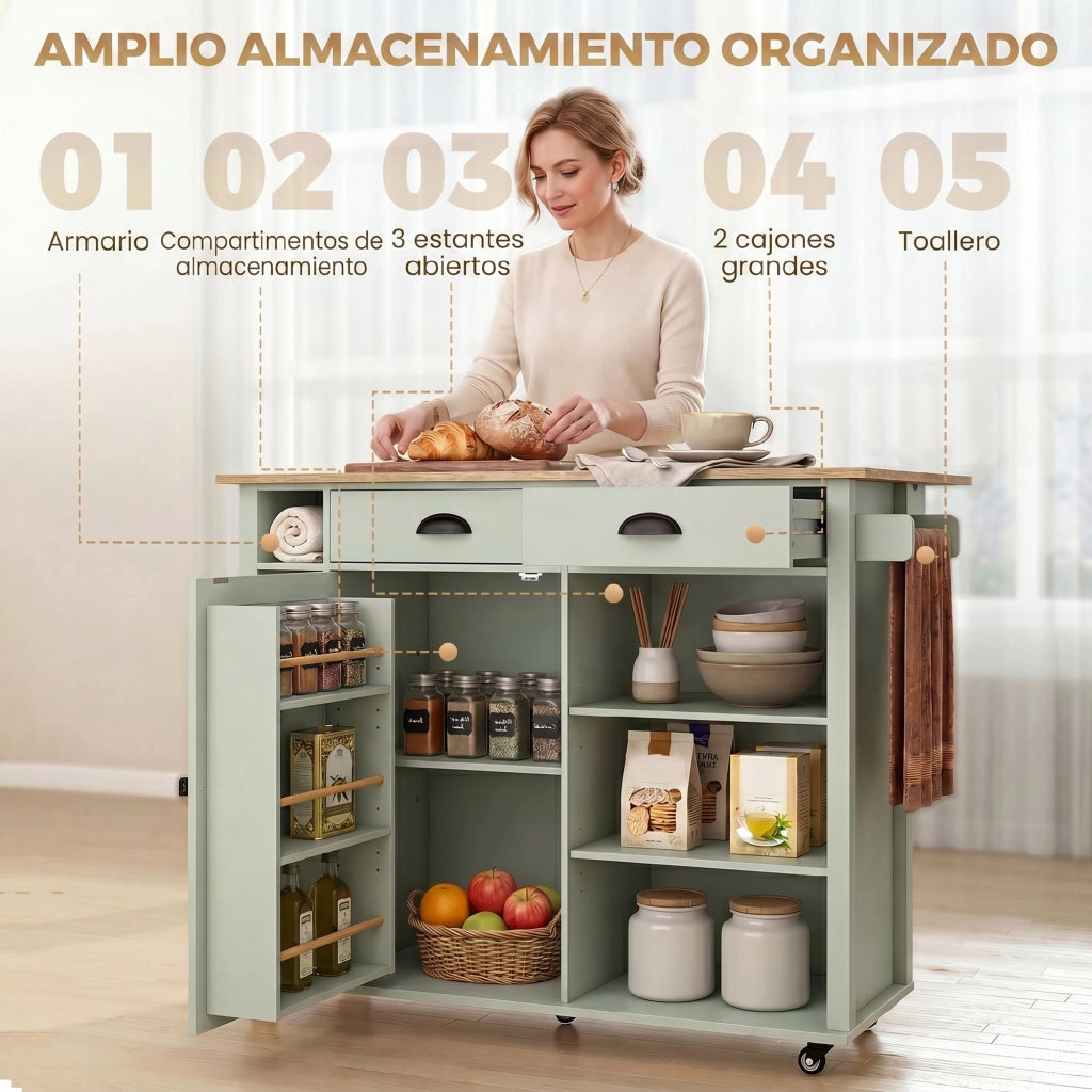 Carrello da Cucina con Ruote ¨C Xylo ¨C Verde Chiaro 117,5x70x91 cm