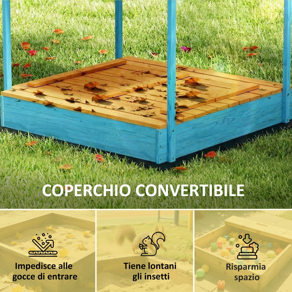 Sabbiera per Bambini 3-6 Anni 134,5x127,5x130 cm con Tettuccio Dinosauri Sedute Pieghevoli Coperchio e Fodera in Legno