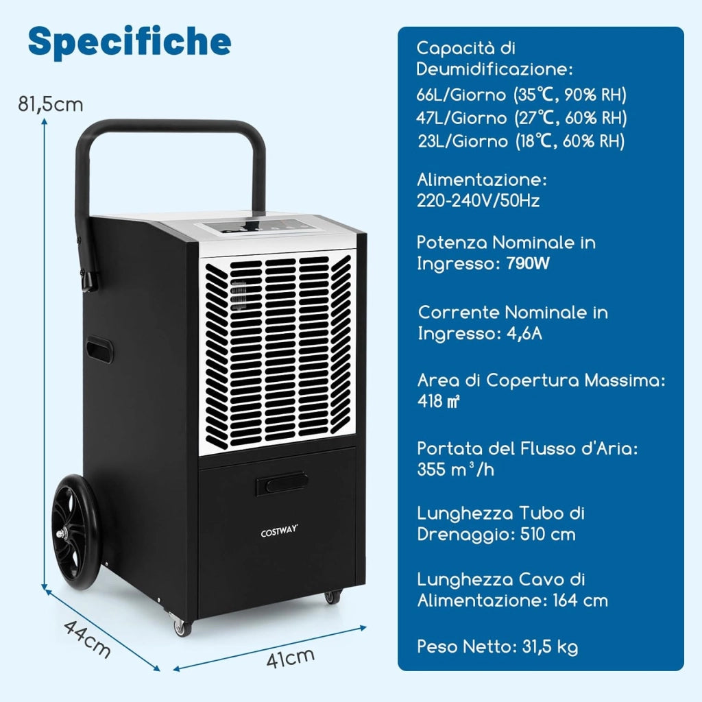 66 L Deumidificatore Commerciale, Deumidificatore con Pompa e Tubo di Drenaggio, Deumidificatore Industriale con Timer 24H e 4 Ruote per Cantina Magazzino (Bianco)