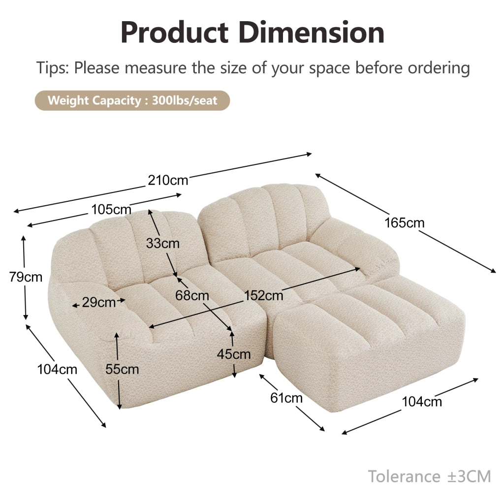Divano angolare modulare senza struttura con pouf, seduta profonda in fleece beige bianco 210 × 165 × 79 cm