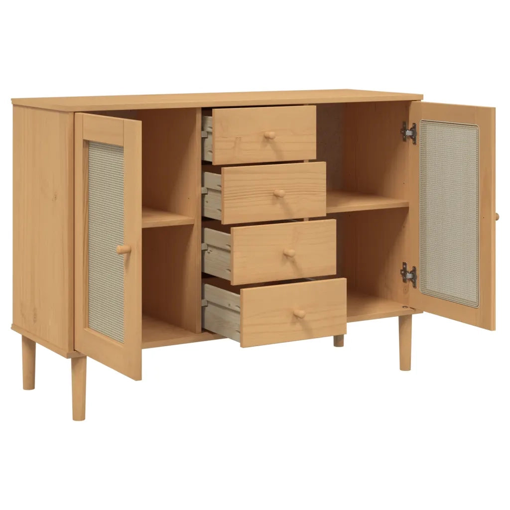 Credenza | Madia | Buffet da pranzo | Armadio da pranzo SENJA Aspetto Rattan 112x40x80 cm Legno Massello Pino