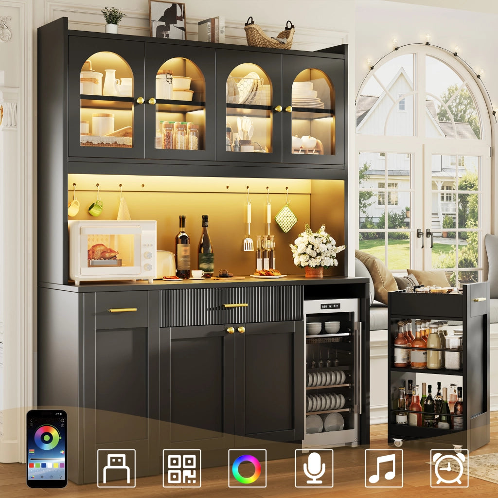Credenza alta da cucina con LED RGB e app, 3 vetrine, cassetti e ripiani estraibili, nero, 120 × 40 × 187 cm