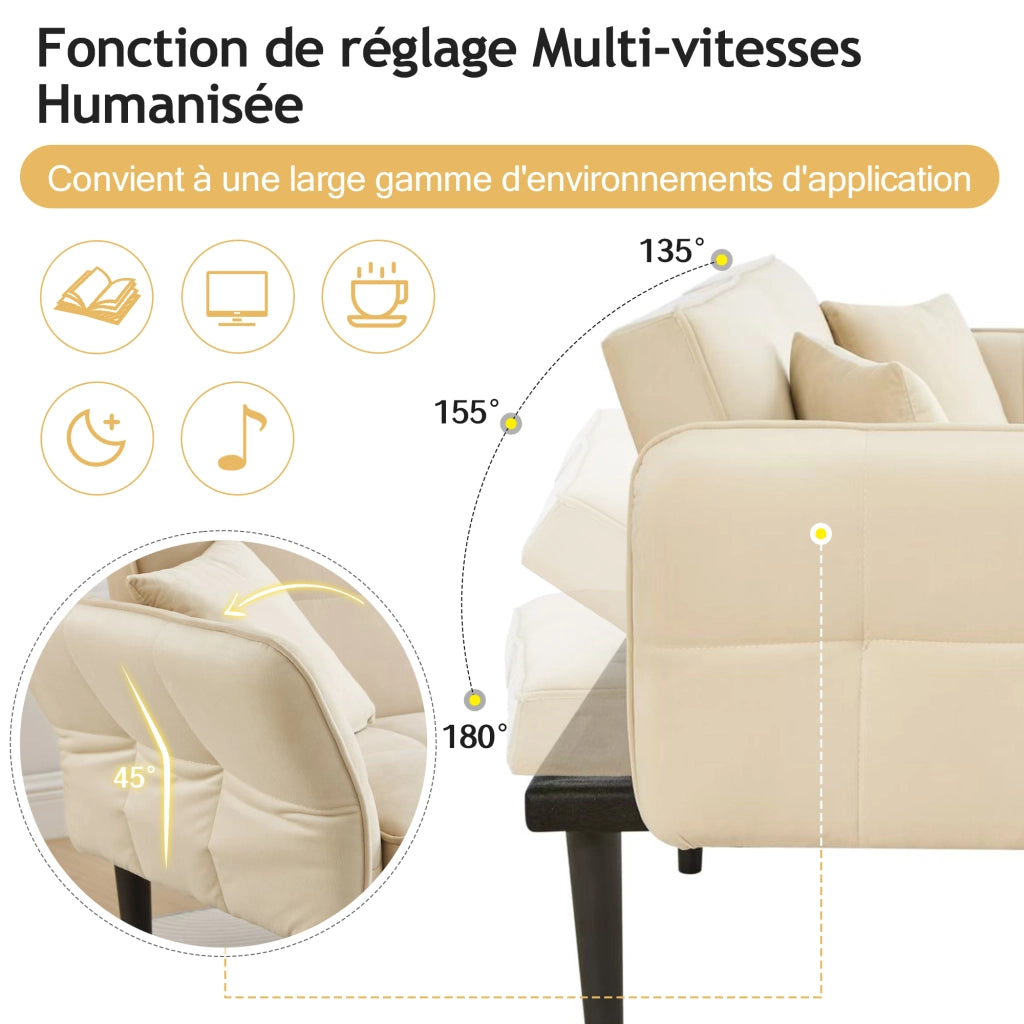 Divano Letto 2 Posti ¨C MINIMAL ¨C Velluto, Braccioli Ribaltabili, Reclinabile