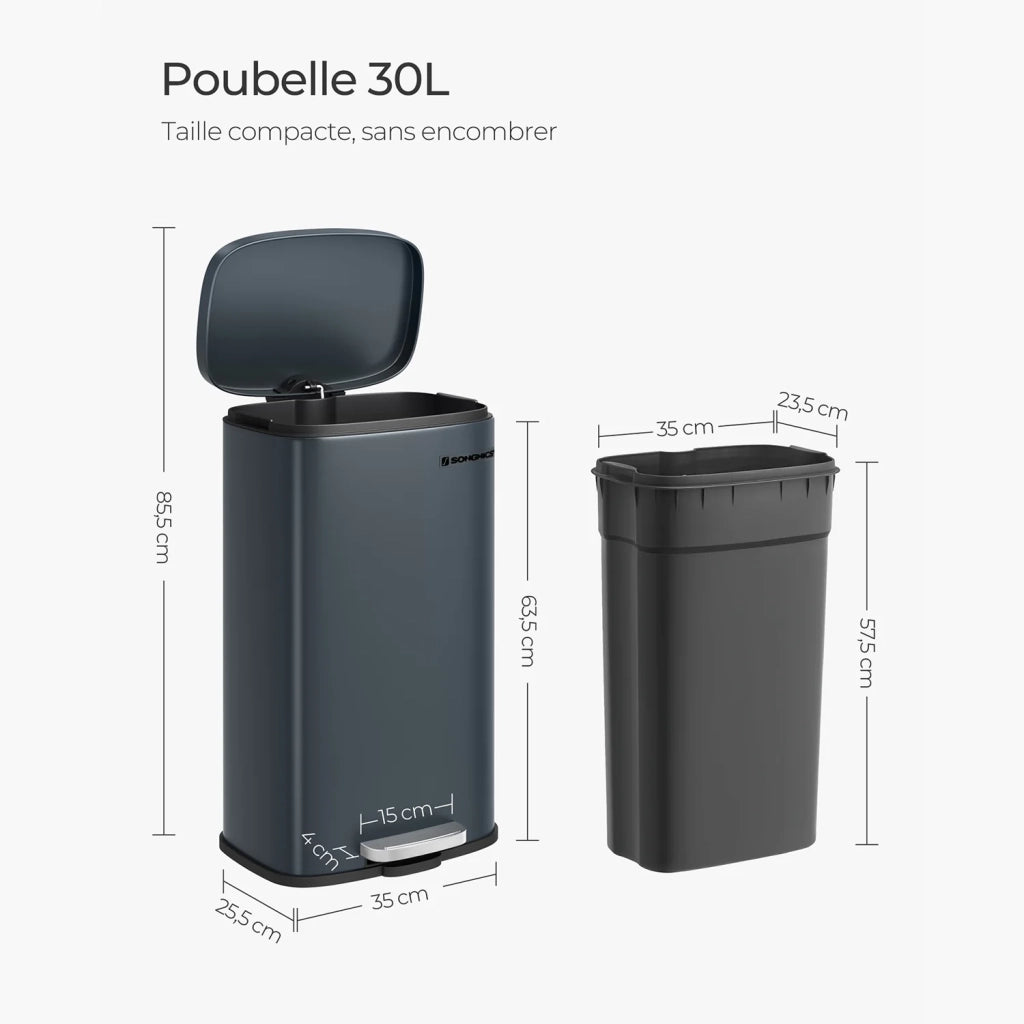 Pattumiera a pedale in acciaio inox con secchio interno in plastica capacità 30 litri coperchio con chiusura ammortizzata antiodore grigio 12_0007200