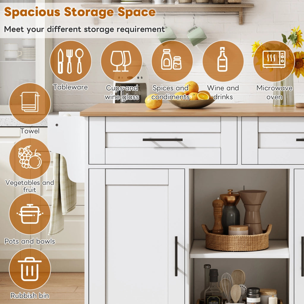 Carrello cucina mobile con piano allungabile 145x70x94;5 cm; bianco in MDF