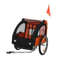 Rimorchio Bici Bambini con 2 Posti, 2 Cinture di Sicurezza, Telaio in Acciaio e Copertura in Tessuto Oxford Arancione
